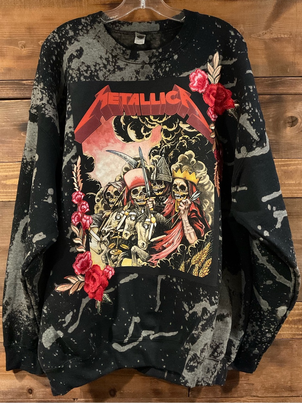 Custom METALLICA "Four Horsemen" Distressed Sweatshirt embroidered  Roses XXL 2X
